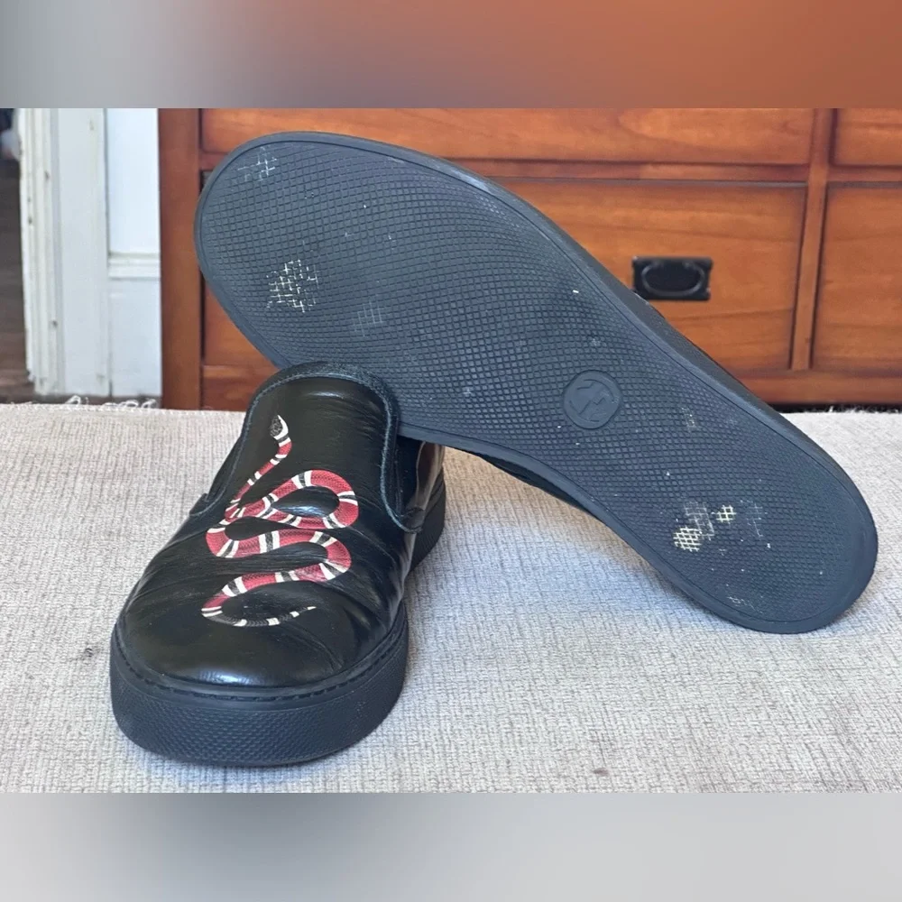 Gucci Snake Design Black Leather Men’s Slip-On Sneakers Size 12 G - Picture 6 of 13